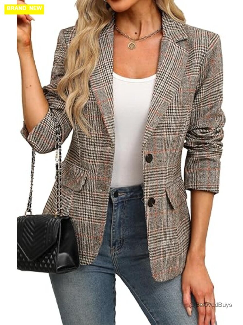 Plaid Houndstooth Lapel Collar 2 Button Boyfriend Blazer Suit Jacket